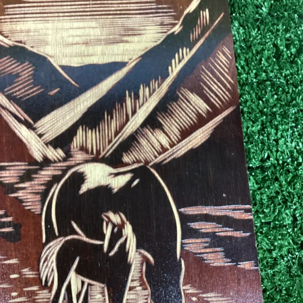 Wood Board Art Burning Carved Horses Landscape